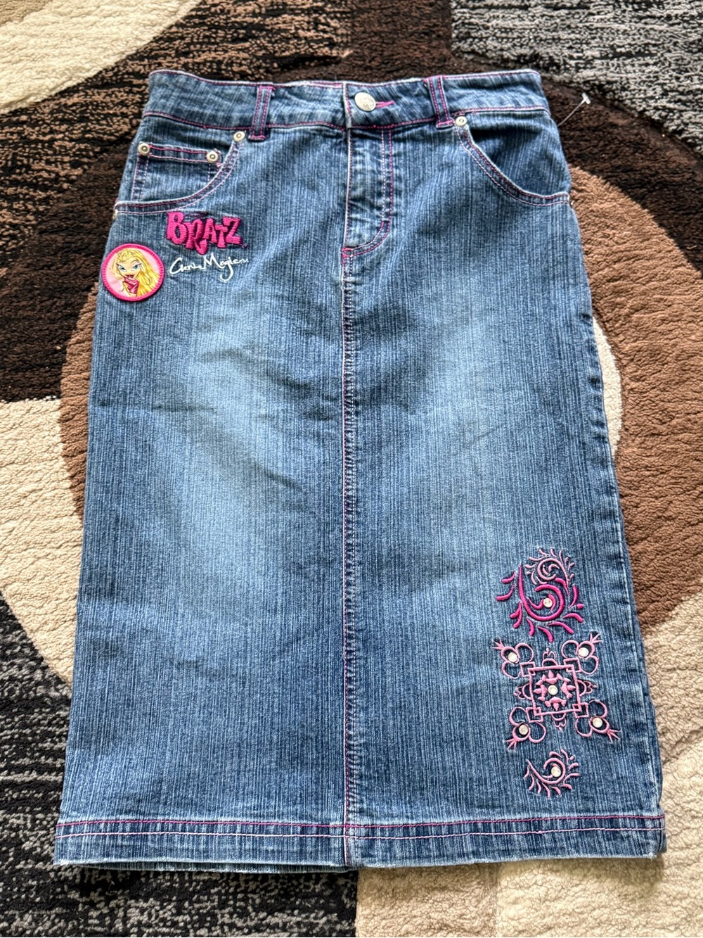 Bratz Chloe Denim Midi Skirt with Pink Embroidery & Rhinestones